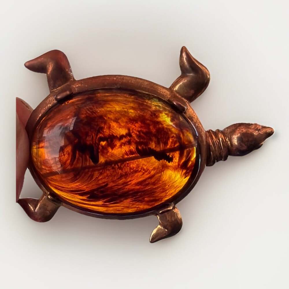 Vintage M. Jent Brooch Pin Gold Tone Tortoise Amber Brown Color Shell Turtle